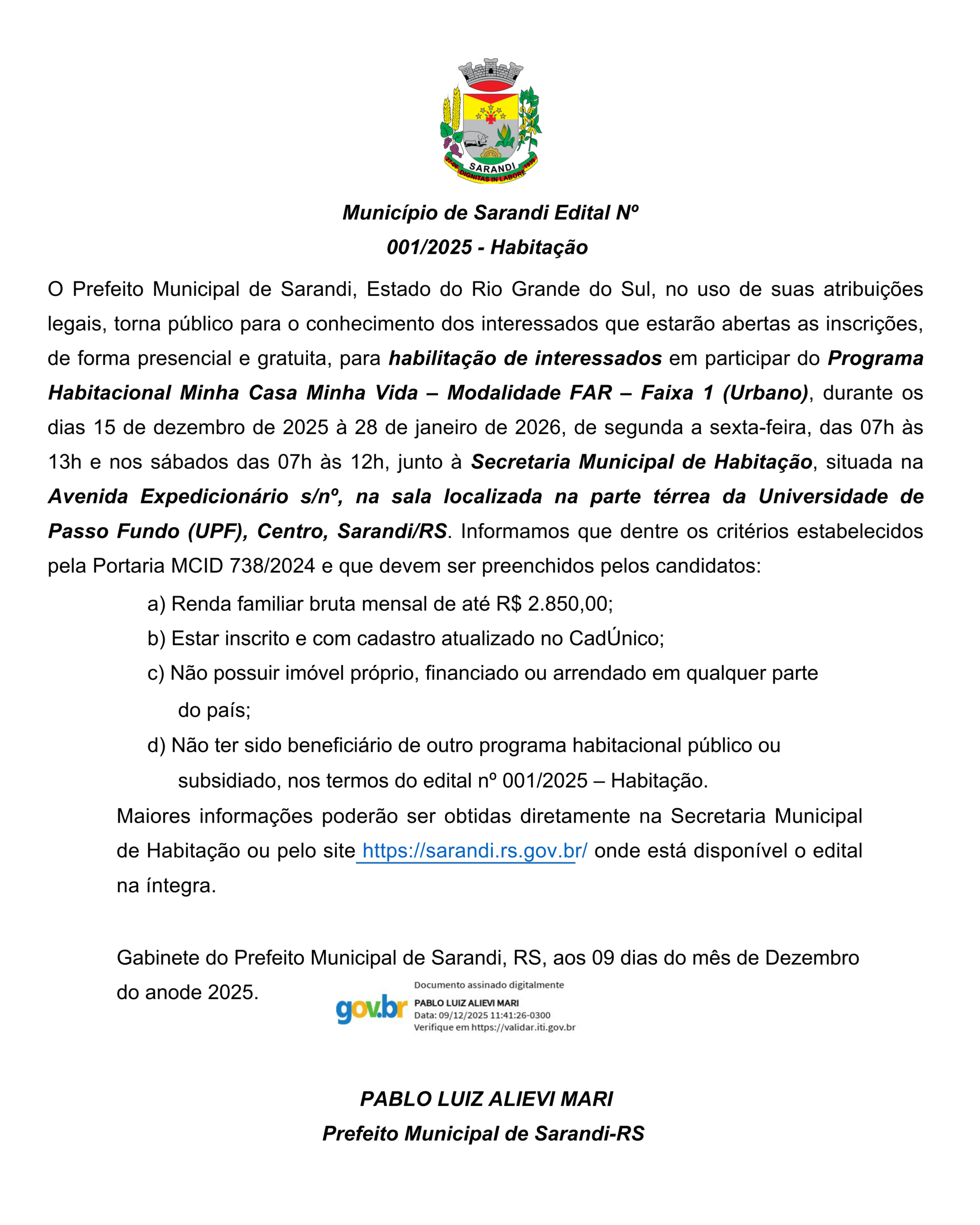 Município de Sarandi Edital Nº 0012025 - Habitação